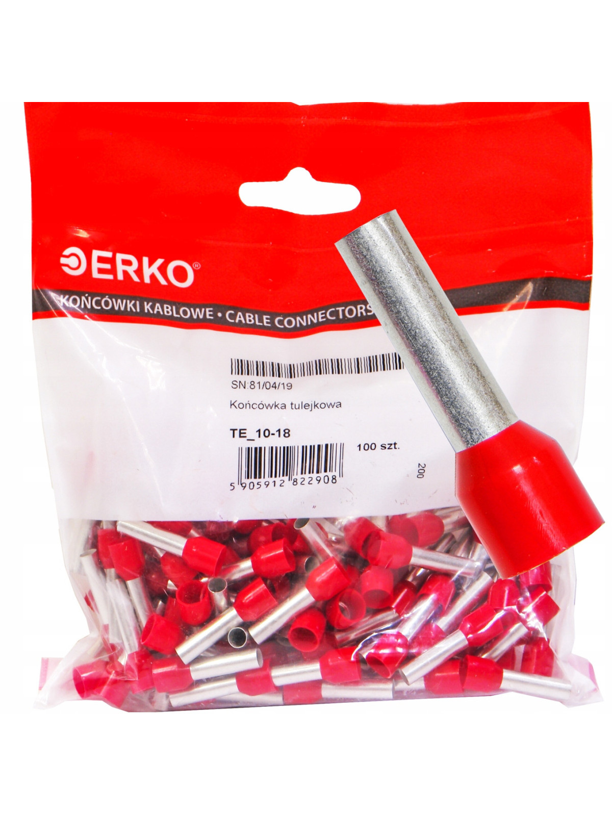 Końcówka tulejkowa izolowana TE 10-18 100szt. ERKO